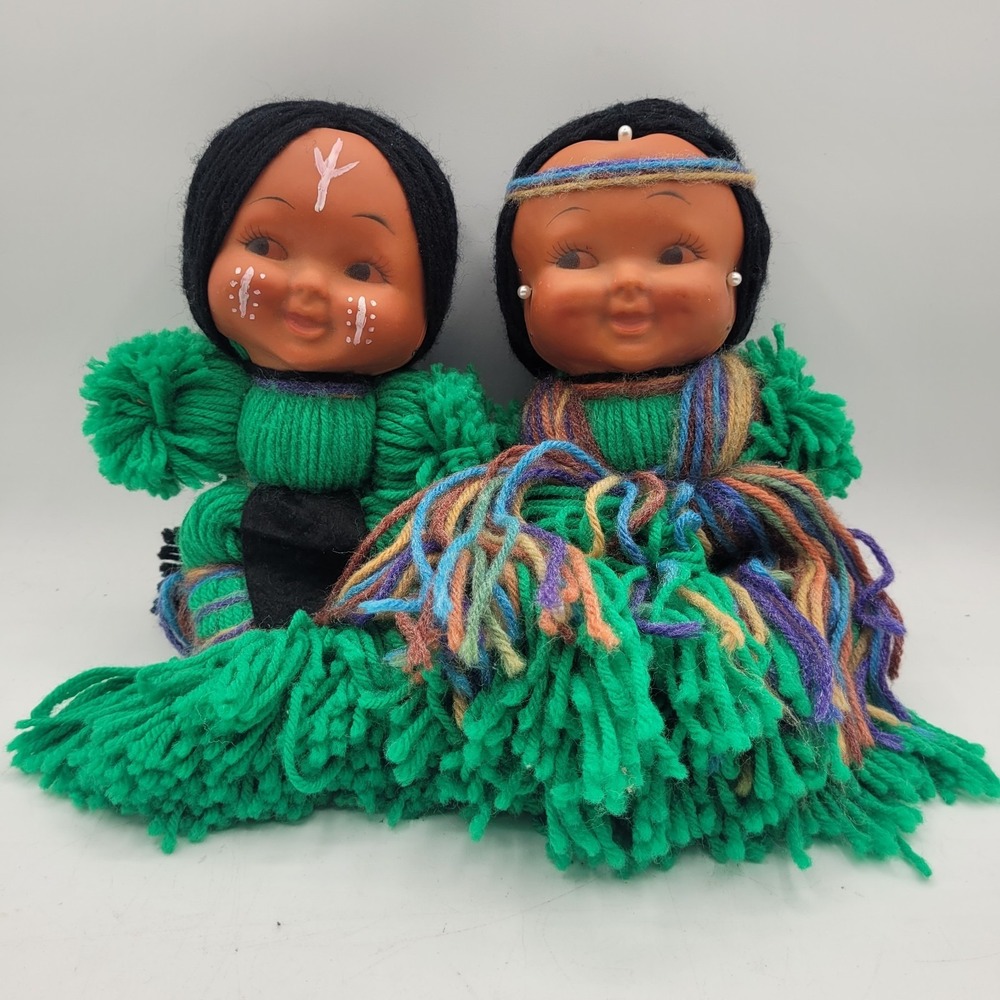 X2 Vtg Handmade Yarn American Indian Doll - Girl Green Yarn Black Hair 12"
